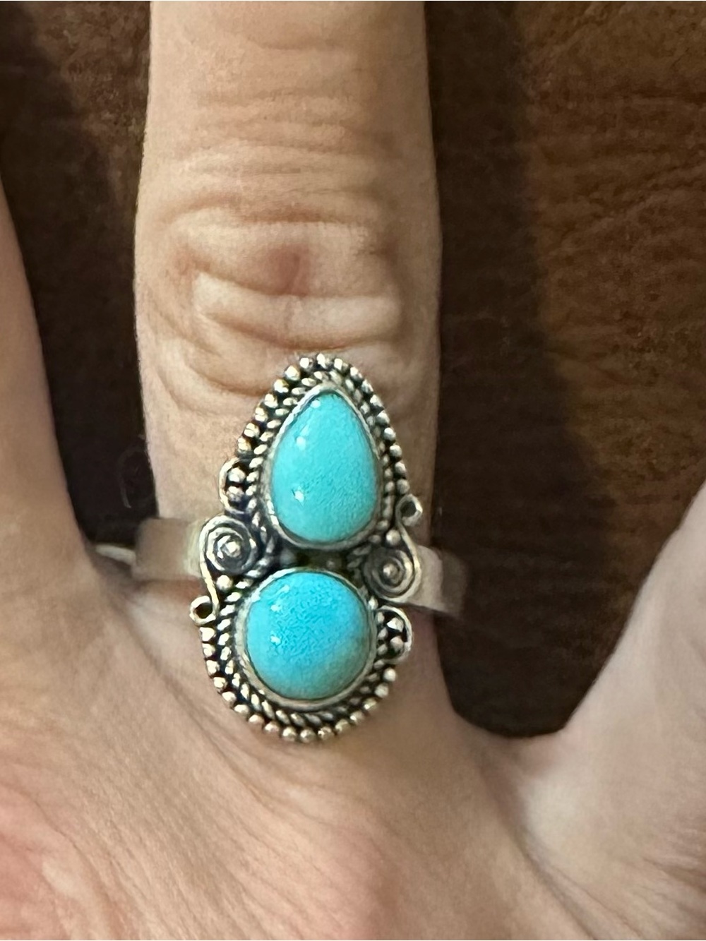 New 925 Silver Kingman Turquoise Double Stone Ring - Sz 9.